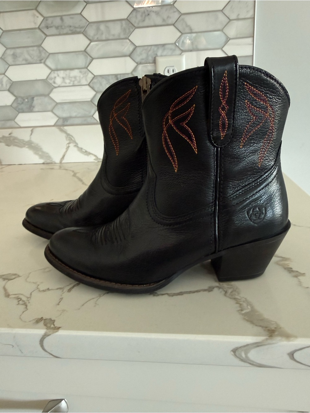 Ariat Black Leather Western Ankle Boots with Brown Stitching